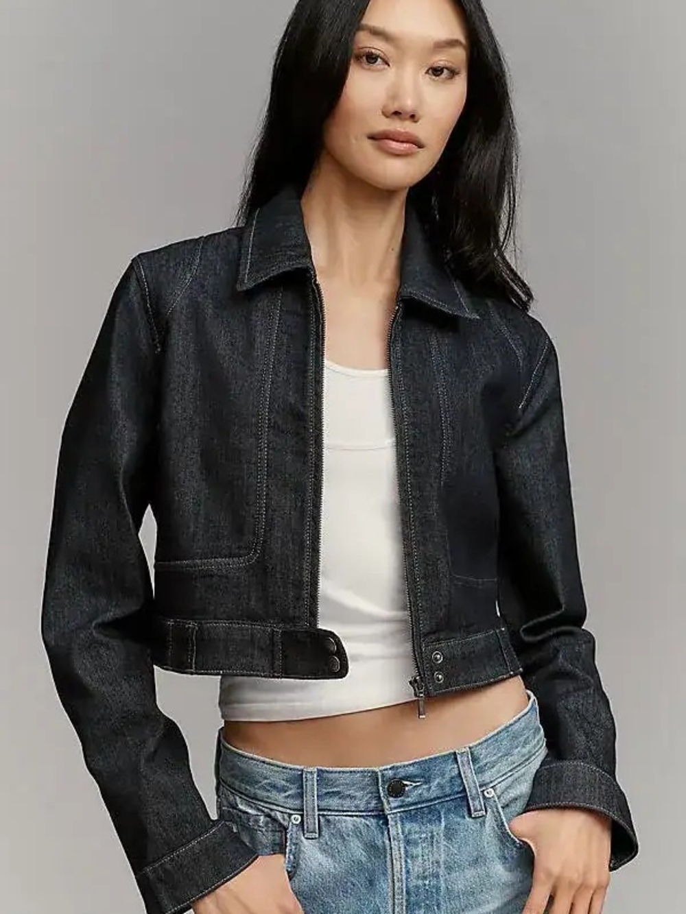 Rumi Shrunken Stretch Denim Moto Jacket by Pilcro - Picture 3 of 9